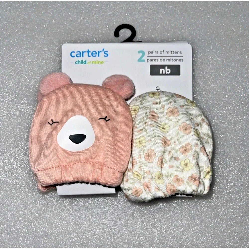 Carter's Child of Mine Baby Girl Infant Pink Bear & Flower 2 Mittens Newborn NEW